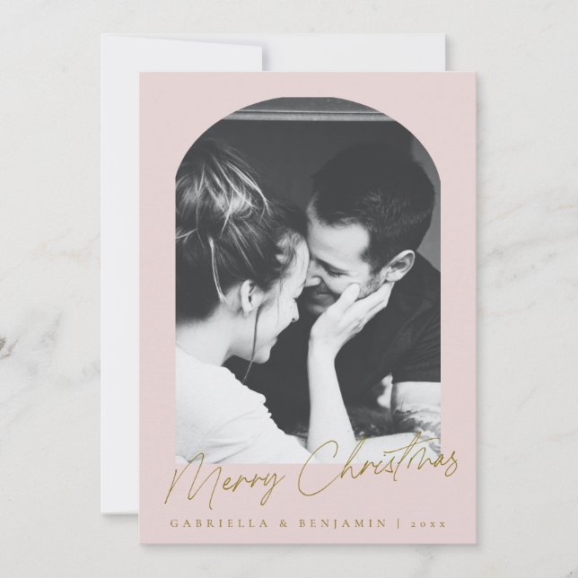 Tarjeta Festiva Carta de dos Navidades de fotografía del arco rosa (Anverso)