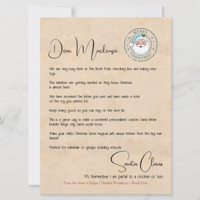 Tarjeta Festiva Carta de la oficina de Santa Personalizada (Anverso)