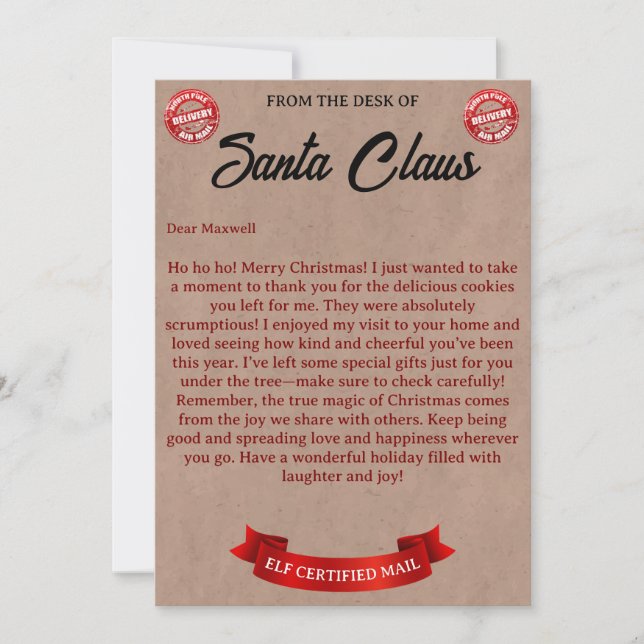 Tarjeta Festiva Carta de Santa Claus (Anverso)