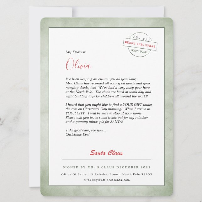 Tarjeta Festiva Carta de Santa North Pole (Anverso)