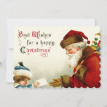 Tarjeta Festiva Carta de Santa y Niño con Navidades<br><div class="desc">Imagen nostálgica de Santa Claus,  de la era victoriana,  con su cama roja,  llevando una bolsa de juguetes recibiendo una carta de un niño tímido con abrigo azul y gorra. Imagen complementaria al reverso con texto de personalizable.</div>