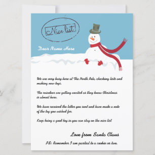 Tarjeta Festiva Carta de Snowman lista de Santa Personalizada