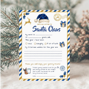 Tarjeta Festiva Carta Oficial a Papá Noel Blue Gold Kids