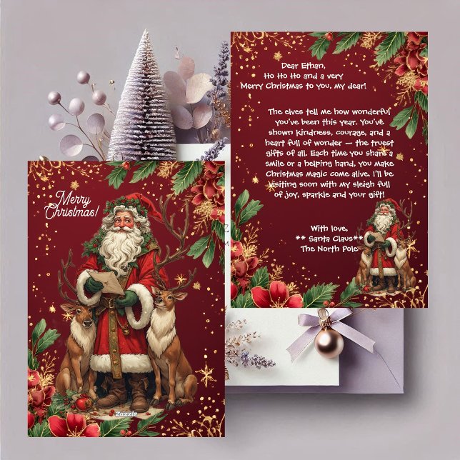 Tarjeta Festiva Carta personalizada de Papá Noel Polo Norte Reno l (Personalized Santa Letter North Pole Cute Reindeer Holiday Card)