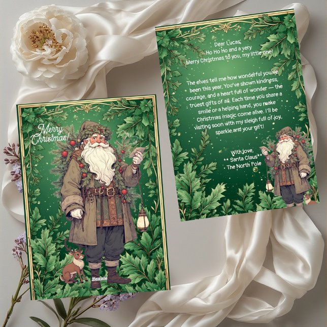 Tarjeta Festiva Carta personalizada de Papá Noel Polo Norte Vegeta (Personalized Santa Letter North Pole Greenery Xmas Holiday Card)