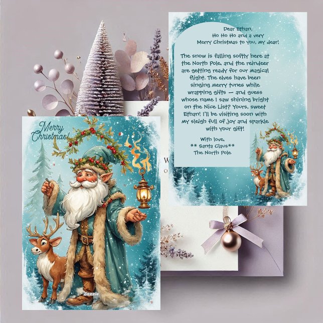 Tarjeta Festiva Carta personalizada de Santa de Reno de Polo Norte (Personalized Santa Letter From North Pole Reindeer Holiday Card)