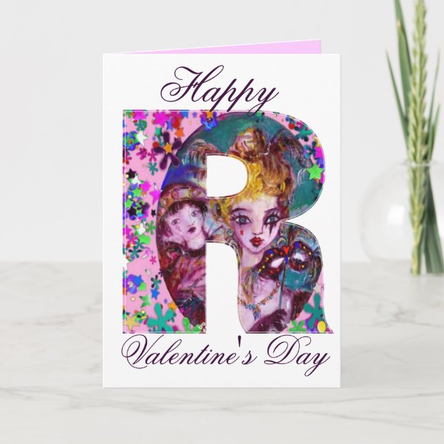 TARJETA FESTIVA CARTA VALENTINA VENECIANA MASQUERADE MONOGRAM R (Anverso)