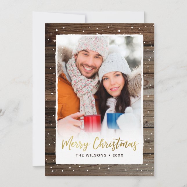 Tarjeta Festiva Cartas de fotos navideñas rusas de oro de madera (Anverso)