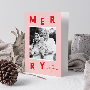 Tarjeta Festiva Cartas de merry modernas rosadas y rojas 2 foto