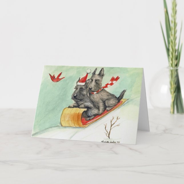 Tarjeta Festiva Cartas de Navidades de arte de perro "Scottie Slei (Anverso)