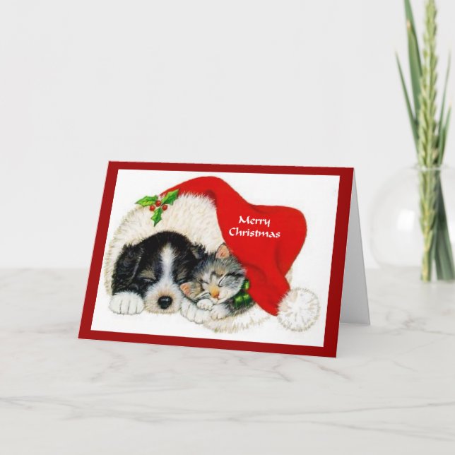 Tarjeta Festiva Cartas de Navidades de cachorros y gatitos (Anverso)