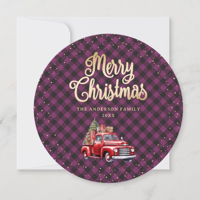 Tarjeta Festiva Cartas de Navidades de Camión Rojo con Buffalo Púr (Anverso)