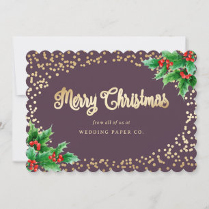 Tarjeta Festiva Cartas de Navidades de empresas Purple Gold Holly