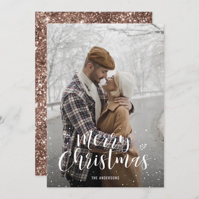 Tarjeta Festiva Cartas de Navidades de fotografía Rosa Purpurina d (Anverso / Reverso)