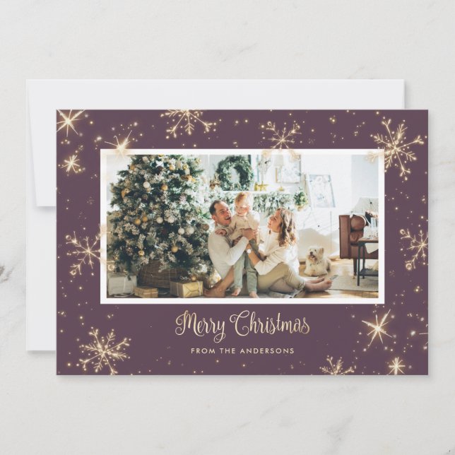 Tarjeta Festiva Cartas de Navidades de fotografías moradas en espá (Anverso)