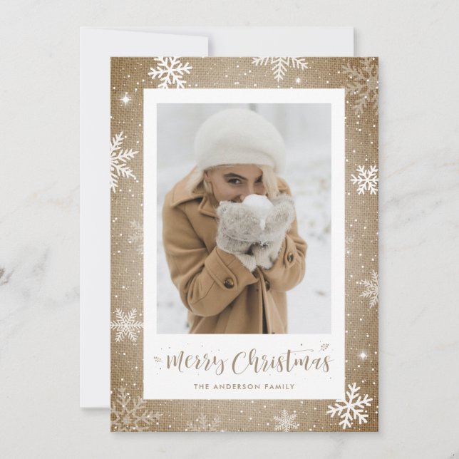 Tarjeta Festiva Cartas de Navidades de fotos de Burlap (Anverso)