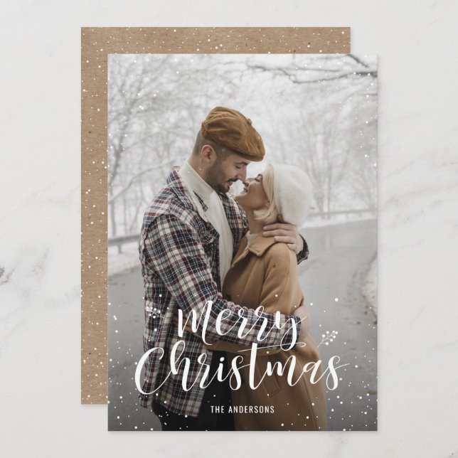 Tarjeta Festiva Cartas de Navidades de fotos de nieve con la mano  (Anverso / Reverso)