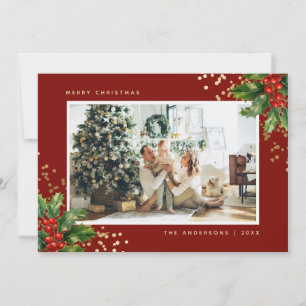 Tarjeta Festiva Cartas de Navidades de fotos de Red Gold Holly Ber