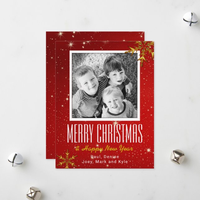 Tarjeta Festiva Cartas de Navidades de fotos rojas de oro deslumbr (Anverso/Reverso In Situ)