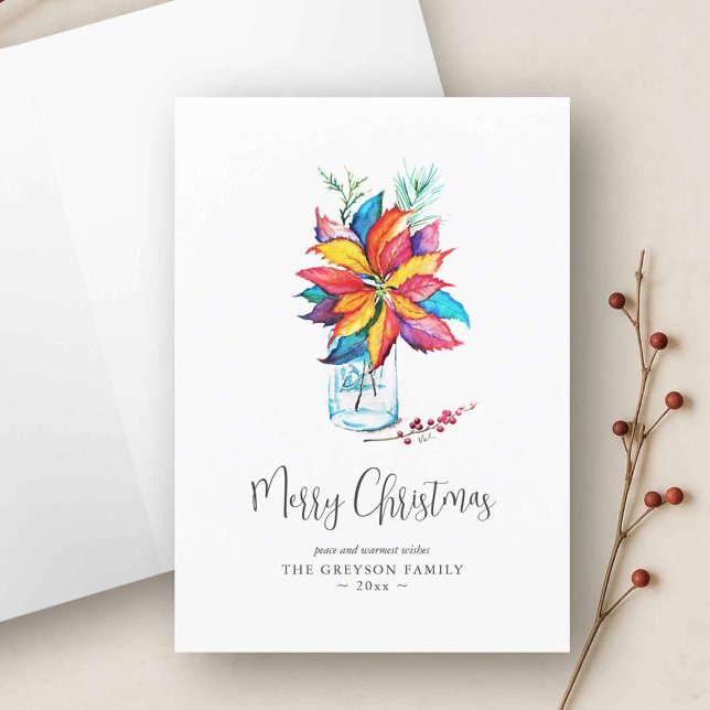 Tarjeta Festiva Cartas de Navidades de personalizable | Decirle un (Custom Christmas cards blank inside with a watercolor poinsettia art by Victoria of Do Tell A Belle)