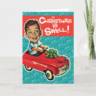 Tarjeta Festiva Cartas de Navidades retro de coches de juguete de 