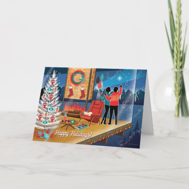 Tarjeta Festiva Cartas de Navidades retro de la casa modernista (Anverso)