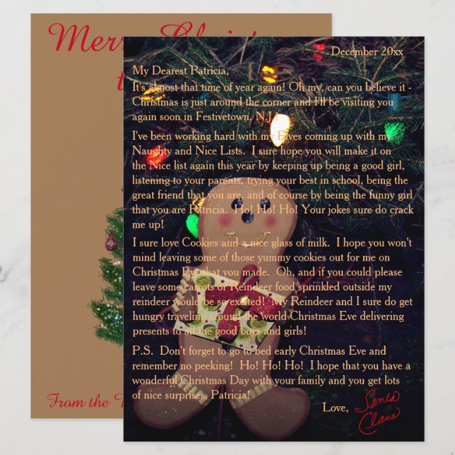 Tarjeta Festiva Cartas de Santa Gingerbread Man (Anverso / Reverso)