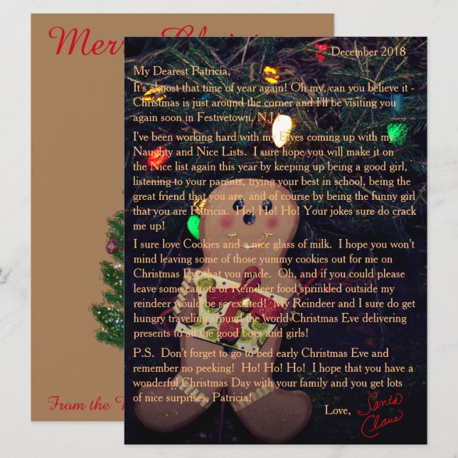Tarjeta Festiva Cartas de Santa Gingerbread Man (Anverso / Reverso)