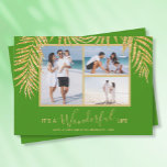 Tarjeta Festiva Cartas de vacaciones de los Navidades del Collage<br><div class="desc">Tres fotos acentuadas con falsos frondas de palma de purpurina de oro sobre un fondo verde Navidad (ver más colores en nuestra tienda), estas tarjetas de fotos navideñas de Navidad tienen "Es una vida maravillosa", o cualquier saludo que elijas, y tus nombres en la parte inferior con letras de moda....</div>