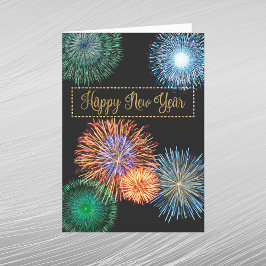 Tarjeta Festiva Cartel Retro Dorado Fuegos Artificiales Feliz Año 
