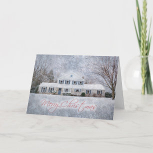 Tarjeta Festiva Casa abierta rústica de país de nieve primitiva de