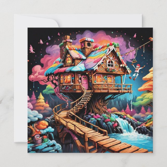 Tarjeta Festiva casa de árbol de pan de jengibre psicodélico navid (Anverso)