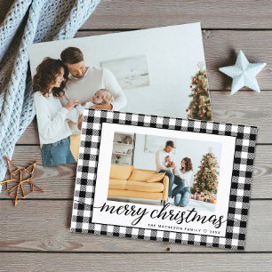 Tarjeta Festiva Casa de campo Navidades de Plaid blanco y negro mo