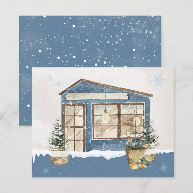 Tarjeta Festiva casa de invierno nieve  (Anverso / Reverso)