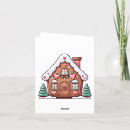 Tarjeta Festiva Casa de Jengibre Festiva con Corazones