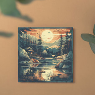 Tarjeta Festiva Casa de montaña Escandinavia Retro Art