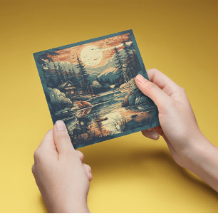 Tarjeta Festiva Casa de montaña Escandinavia Retro Art