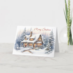 Tarjeta Festiva Casa de Navidades de acuarela con nieve