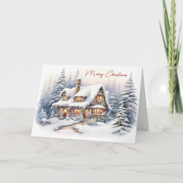 Tarjeta Festiva Casa de Navidades de acuarela con nieve (Anverso)