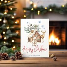 Casa de pan de jengibre acuarela, oso polar y reno