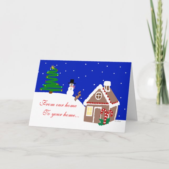 Tarjeta Festiva Casa de pan de jengibre y perro en la nieve (Anverso)
