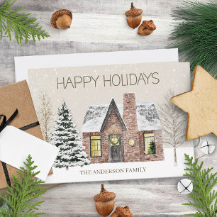 Tarjeta Festiva Casa de pino de nieve de invierno Felices Fiestas 