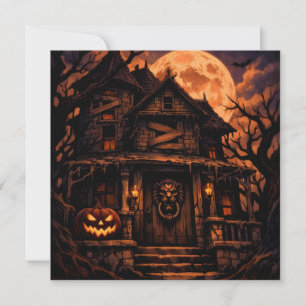 Tarjeta Festiva Casa embrujada de Halloween con luna llena 