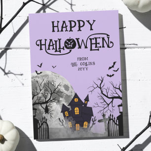 Tarjeta Festiva Casa embrujada de lavanda moderna Feliz Halloween