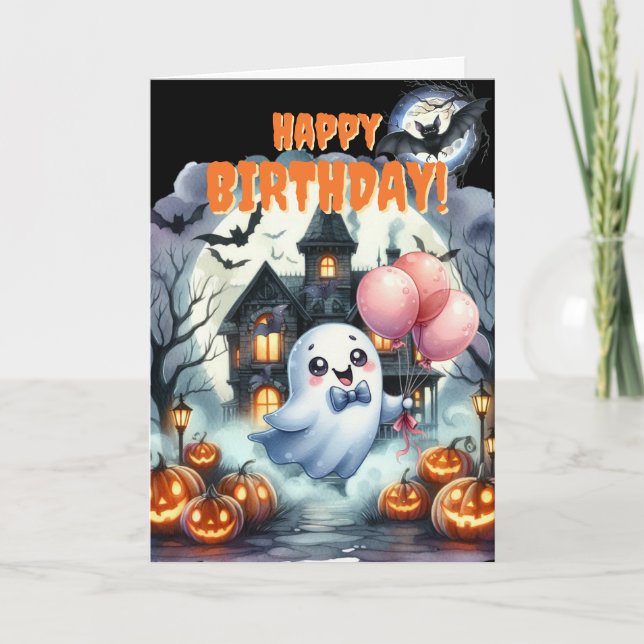 Tarjeta Festiva Casa embrujada fantasma linda cumpleaños de Hallow (Anverso)