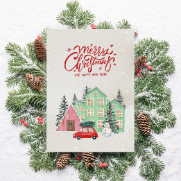 Tarjeta Festiva Casa nórdica de nieve y Navidades de coches rojos