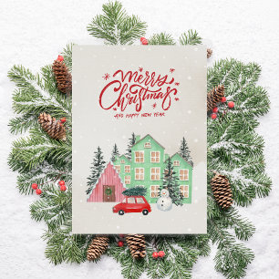 Tarjeta Festiva Casa nórdica de nieve y Navidades de coches rojos