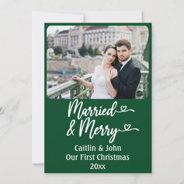 Tarjeta Festiva Casado Merry Newlyweds Personalizado Green Primer  (Anverso)