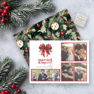 Tarjeta Festiva Casado y Merry Red Bow Holly recién casado 5 Foto