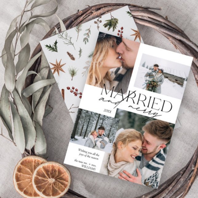 Tarjeta Festiva Casado y morado moderno 4 foto recién casada (Easily personalize this newlywed photo holiday card with four of your favorite image and deets)